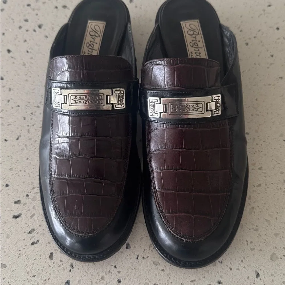 Brighton DEEDEE VINTAGE Black Brown Leather Mules Loafers Made in Italy Size 7.5